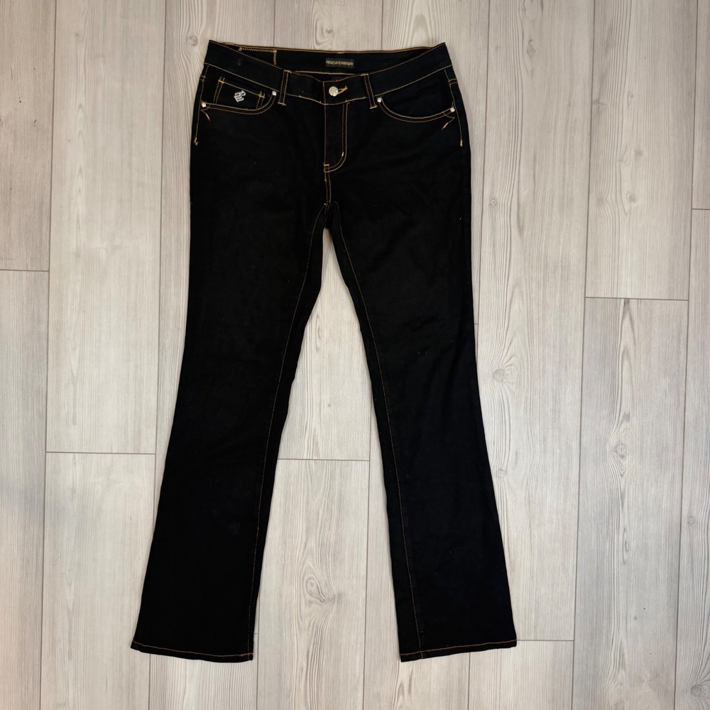 Rocawear Womens Black Sequin Pocket Bootcut Jeans Gold Stitch Size 9‎